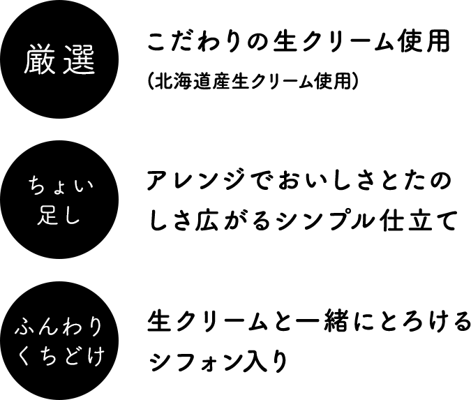 厳選　こだわりの生クリーム使用(北海道産生クリーム使用) ちょいたし　アレンジでおいしさとたのしさ広がるシンプル仕立て ふんわりくちどけ　生クリームと一緒にとろけるシフォン入り