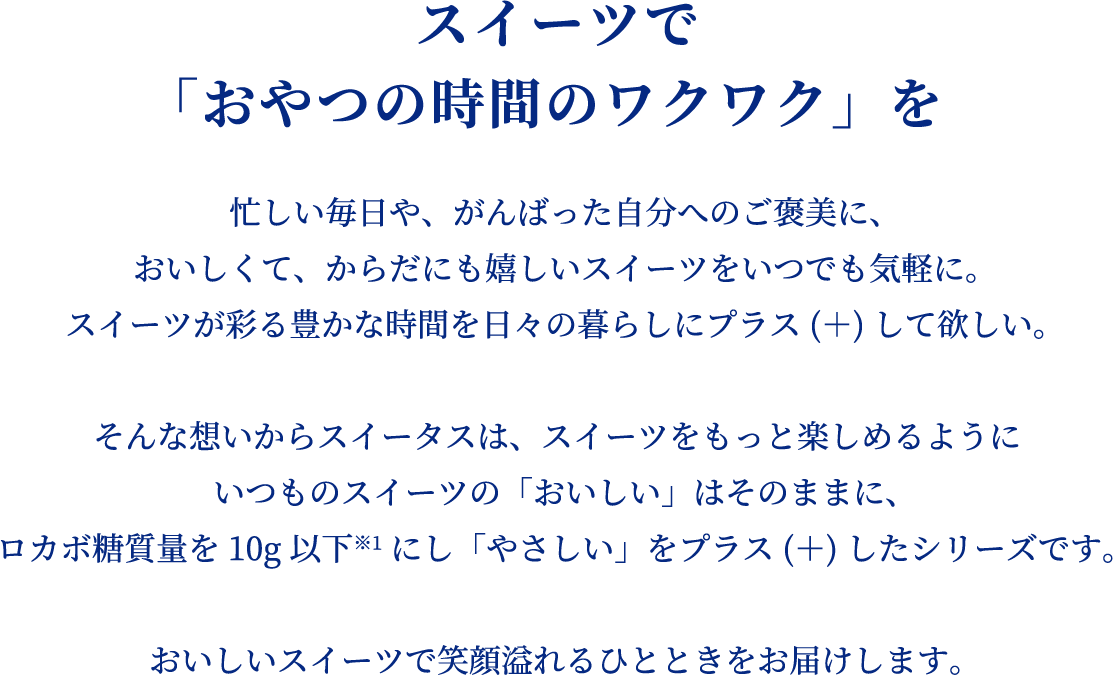 スイーツで
    「おやつの時間のワクワク」を　忙しい毎日や、がんばった自分へのご褒美に、
    おいしくて、からだにも嬉しいスイーツをいつでも気軽に。
    スイーツが彩る豊かな時間を日々の暮らしにプラス(＋)して欲しい。

    そんな想いからスイータスは、スイーツをもっと楽しめるように
    いつものスイーツの「おいしい」はそのままに、
    ロカボ糖質量を10g以下※1にし「やさしい」をプラス(＋)したシリーズです。

    おいしいスイーツで笑顔溢れるひとときをお届けします。