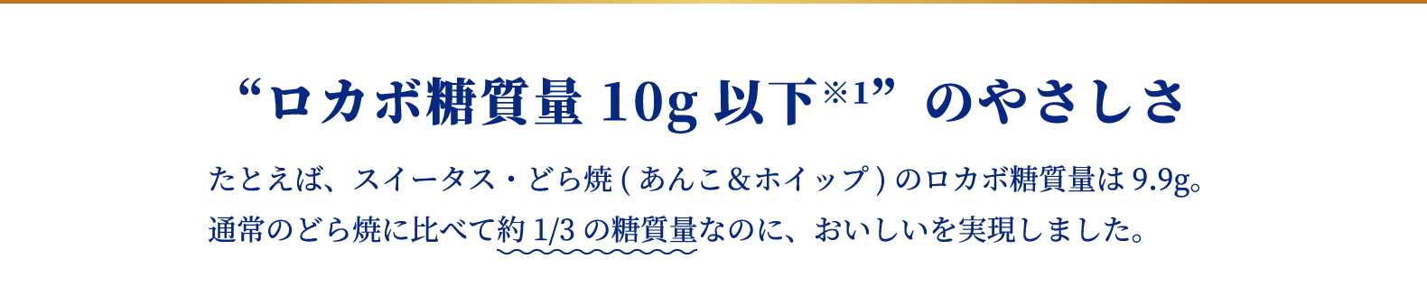 “ロカボ糖質量10g以下※1”のやさしさ たとえば、スイータス・どら焼(あんこ＆ホイップ)のロカボ糖質量は9.9g。
    通常のどら焼に比べて約1/3の糖質量なのに、おいしいを実現しました。